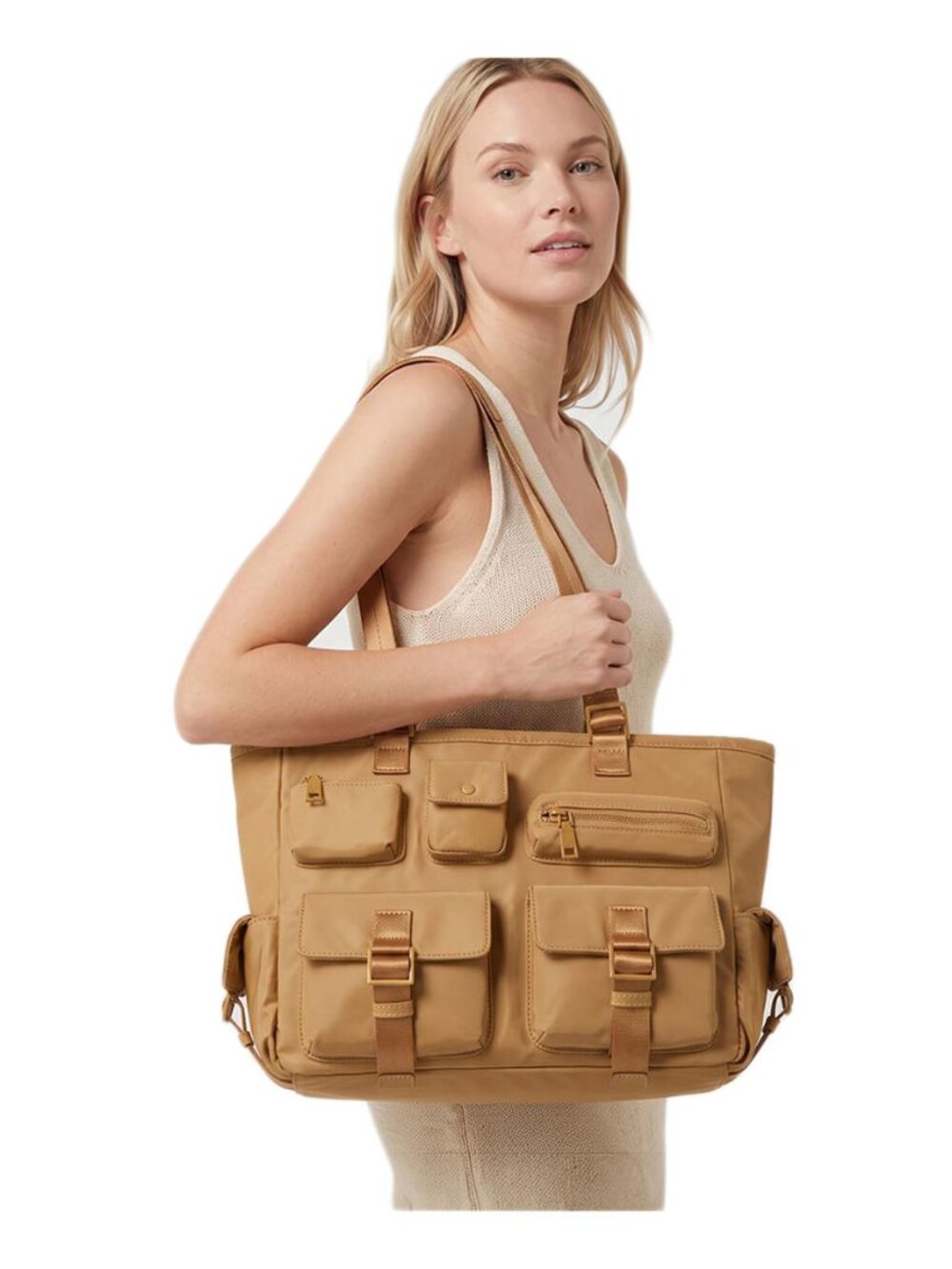 Tigerstars Camel Multi Pocket Utility Shoulder Tote Bag